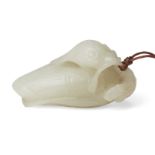 A Chinese greenish-white jade duck pendant, 19th century, carved as a mandarin duck clutching a