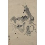 A Japanese Ink drawing, late 19th century, depicting a man with llama, signed and sealed Morunobu,