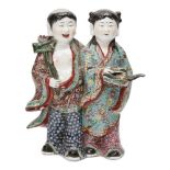 A Chinese porcelain figure group of the He He Erxian twins, Republic period, painted in famille rose