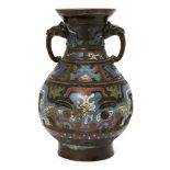 A Chinese archaistic bronze and champlevé enamel vase, hu, 19th century, decorated to the bulbous