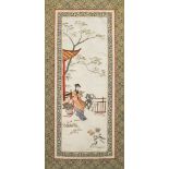Three Chinese silk embroidered panels, early 20th century, one depicting a lady reading in a garden,