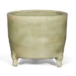 A Chinese grey stoneware Longquan celadon cylindrical censer, Ming dynasty, covered in an allover