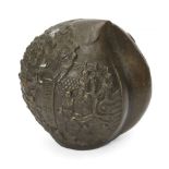 A Chinese bronze peach scroll weight, early 20th century, decorated in relief with '100 boys'