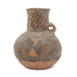 A Chinese pottery jug, Neolithic period, Majiayao culture, slip-painted with cross-hatch design,