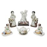 Five Chinese porcelain figure groups and a teapot, mid-late 20th century, one depicting the He He