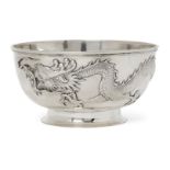 A Chinese silver rose bowl, Zee Wo, decorated in relief to the exterior with a dragon, stamped to