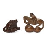 Two wood netsuke, Meiji period, one depicting Chokaro emerging from a magical gourd, with inlaid