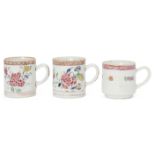 Three Chinese export porcelain mugs, Yongzheng period, painted in famille rose enamels with