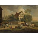 British School, late 18th century- Village scene of a bull chasing a couple on a horse and other