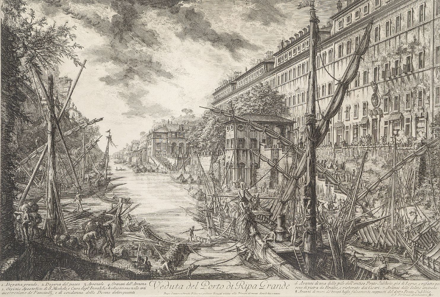 Giovanni Battista Piranesi, Italian 1720-1778- Veduta del Porto di Ripa Grande; etching, 40.3x61.