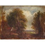 Circle of John Constable RA, British 1776-1837- Wooded landscape with a figure by a cottage; oil
