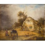 Edmund Bristow, British 1787-1876- Farmhouse with Peasants and a horse by a pond in a landscape; oil