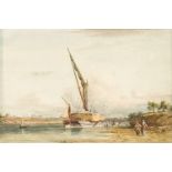 Albert Fleetwood Varley, British 1804-1876- Sailing barge on a river with Westminster Abbey in
