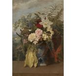 British School, mid-late 19th century- Floral still life with an Equatorial landscape beyond; oil on