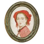 British School, mid-late 19th century- Portrait of a young lady quarter-length in a red coat and