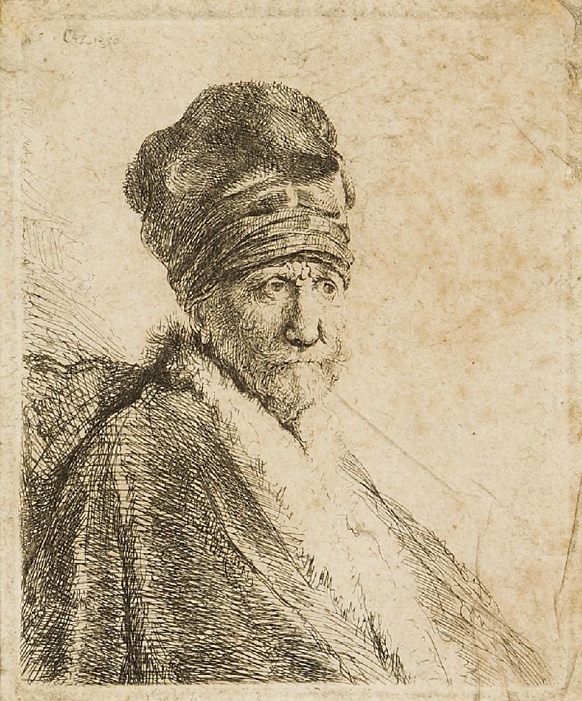 Rembrandt van Rijn, Dutch 1606-1669- Bust of a Man wearing a high cap (the artist's father?),