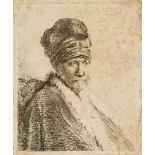 Rembrandt van Rijn, Dutch 1606-1669- Bust of a Man wearing a high cap (the artist's father?),