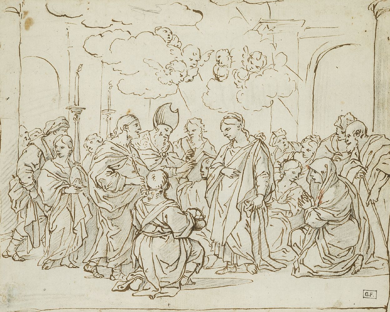 Attributed to Pietro da Cortona, Italian 1596-1669- The Presentation at the Temple; pen and brown