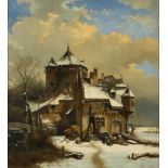 Follower of Frederik Marinus Kruseman, Dutch 1816-1882- Castle in winter; oil on canvas, 50.5x46cm.