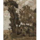 French School, mid-19th century- View of a country lane with a farmhouse and woodland; pastel on