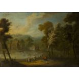 Flemish School, 18th century- Tranquil rural scene with villagers by a woodland and a lake; oil on