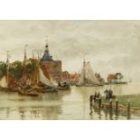 Herbert Menzies Marshall RE ROI RWS, British 1841-1913- Tranquil Continental harbour scene;