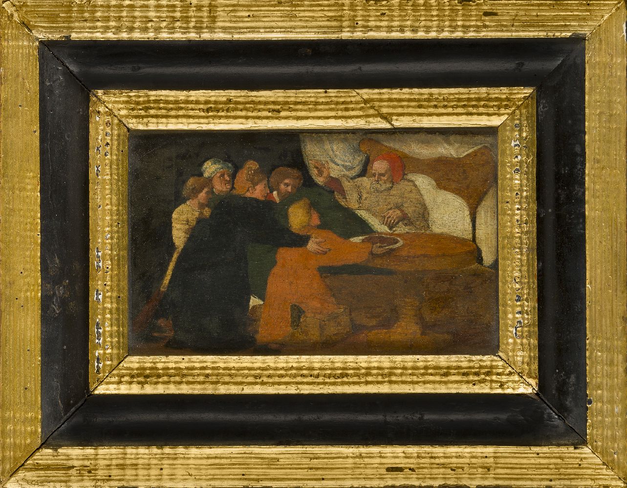 Venetian School, late 17th century- Jacob Blessing Esau; oil on panel, 14x22.5cmin a glazed parcel - Image 2 of 3