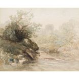 David Cox Snr OWS, British 1783-1859- A Rocky Stream surrounded by Woodland; watercolour over