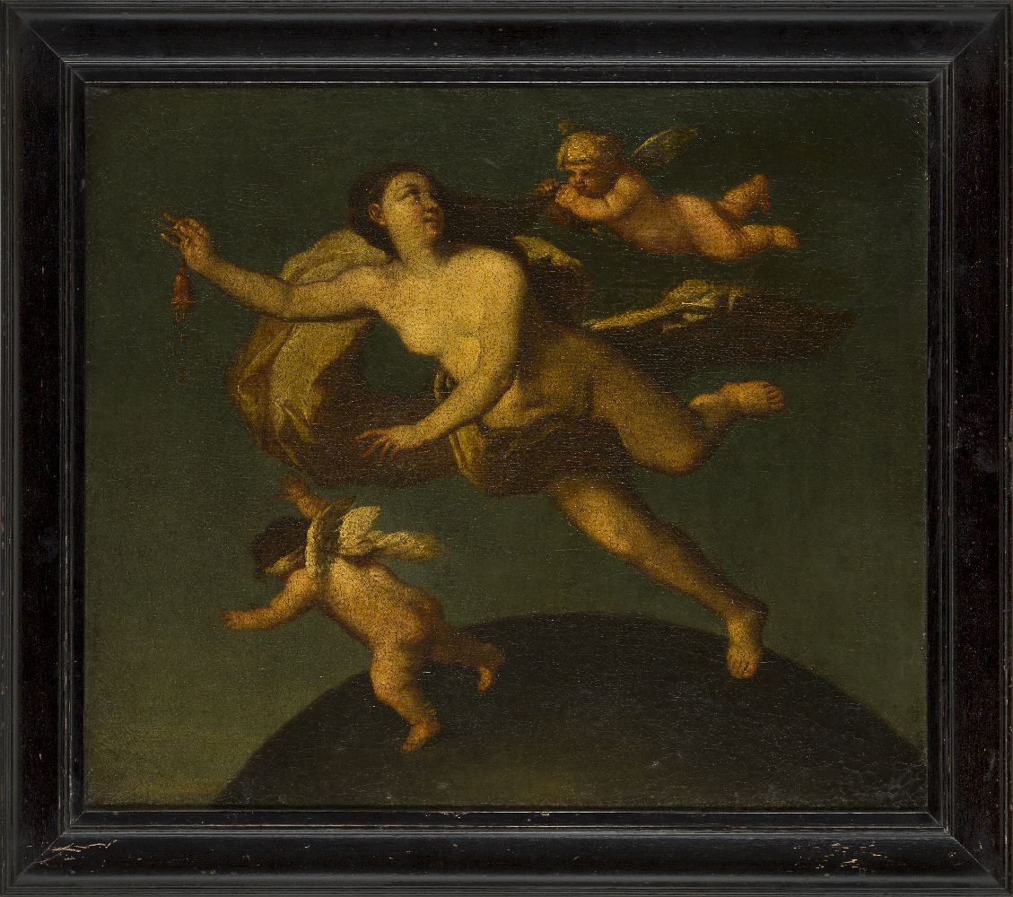Circle of Michele Rocca, Italian c. 1666-c.1751- Allegorical figure with two cherubs; oil on canvas, - Image 2 of 3