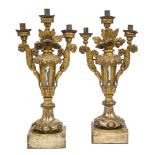 A pair of Italian giltwood three light candelabra, late 19th century, each with tapering fluted body