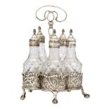 A George III silver cruet set, London, c.1764, Edward Aldridge, the five cut glass cruets on a