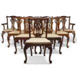 A set of ten George III style mahogany dining chairs, in the Chippendale taste, 20th Century, the