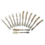 A twelve piece flatware set, comprising six dessert knives and six dessert forks, together with