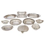 A collection of nine silver bonbon dishes, various shapes, sizes, dates and makers including: a