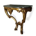 A Louis XV style giltwood console table, 19th Century, with later green marble top, above shaped