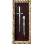 Five framed models of historical swords, late 20th century, comprising a medieval broadsword, two