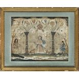 A Charles II stumpwork and silk-embroidered picture, c.1660-80, depicting three figures in an