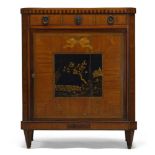 A George III satinwood and inlaid cabinet, the rectangular top with marquetry shell inlay, above