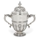 An impressive eighteenth century silver twin-handled cup, London, c.1737, maker's mark rubbed, the