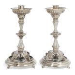 A pair of stylised French silver and glass candlesticks, maker's mark AC, of pierced baluster