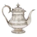 A George IV silver teapot, London, c.1826, Richard Pearce & George Burrows, of rounded baluster form