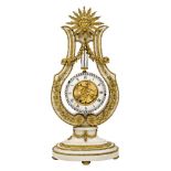 A French Louis XVI style marble and gilt-bronze mounted lyre clock, late 19th century, with swinging