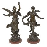 Hippolyte Francois Moreau, French, 1832-1927, a pair of bronze female winged figures, late 19th