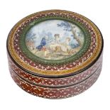 A Continental papier mâché and tortoiseshell snuff box, late 18th century, the lid with glass insert