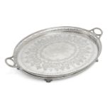 A large silver plated drinks tray, by Martin Hall & Co., of oval form with six zoomorphic bracket