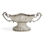 A large Hungarian silver twin handled centrepiece bowl, stamped 800, raised on a lobed, oval foot,