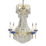 A Swedish gilt-brass and glass five-light chandelier, first half 20th century, the pierced circlet