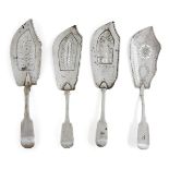Four pierced silver fish slices, various dates, designs and makers including two George III