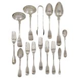 A selection of silver flatware comprising: a harlequin set of six silver dessert forks, London, c.