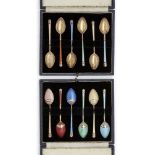 Two sets of enamelled silver coffee spoons, Birmingham, c.1966, Turner and Simpson, each set